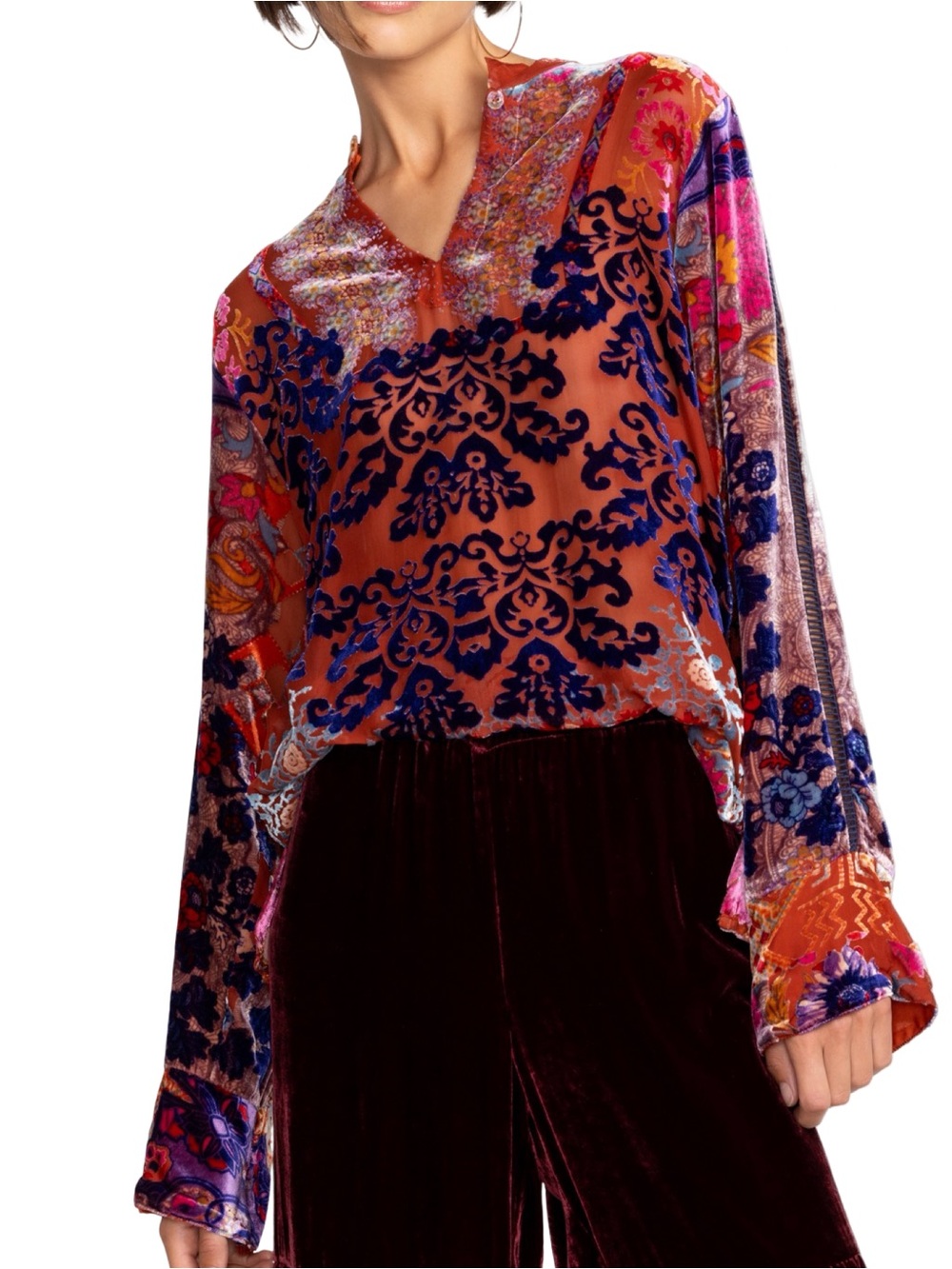 Johnny Was Women’s Size S Orange Purple Syriah Burnout Enta Velvet Blouse Top